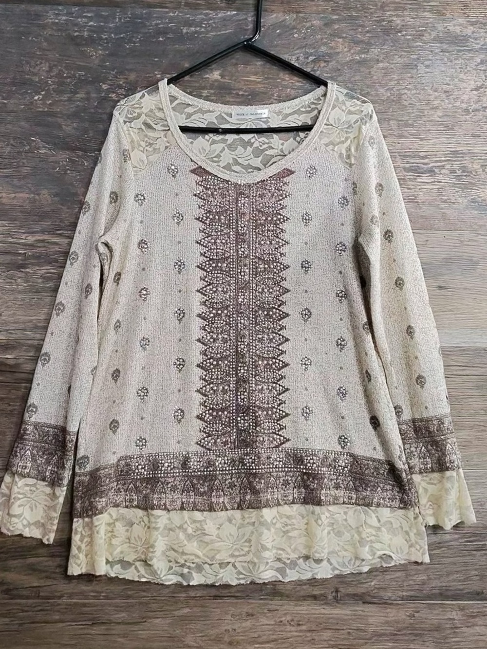 Voice of California Lace-Trim Printed Long Sleeve Blouse in Cream and Brown